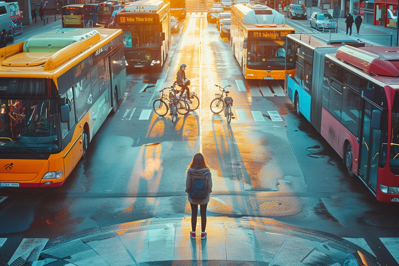 Vue panoramique sur les divers moyens de transport disponibles à Mérignac, incluant bus, vélos, et voitures, pour faciliter le choix du mode de déplacement optimal.