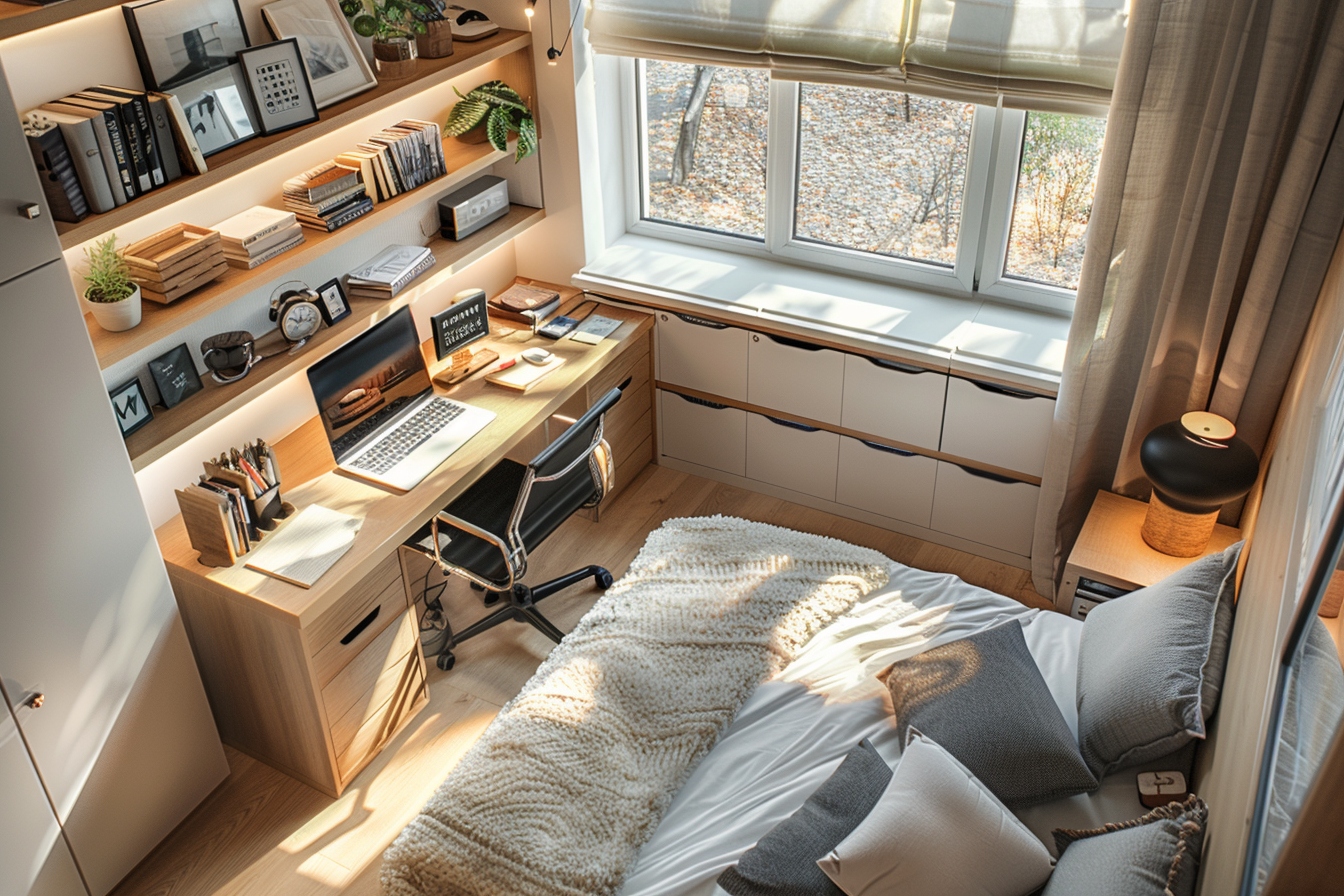 Aménagement d'un coin bureau fonctionnel et élégant dans un petit appartement, maximisant l'espace et la productivité.