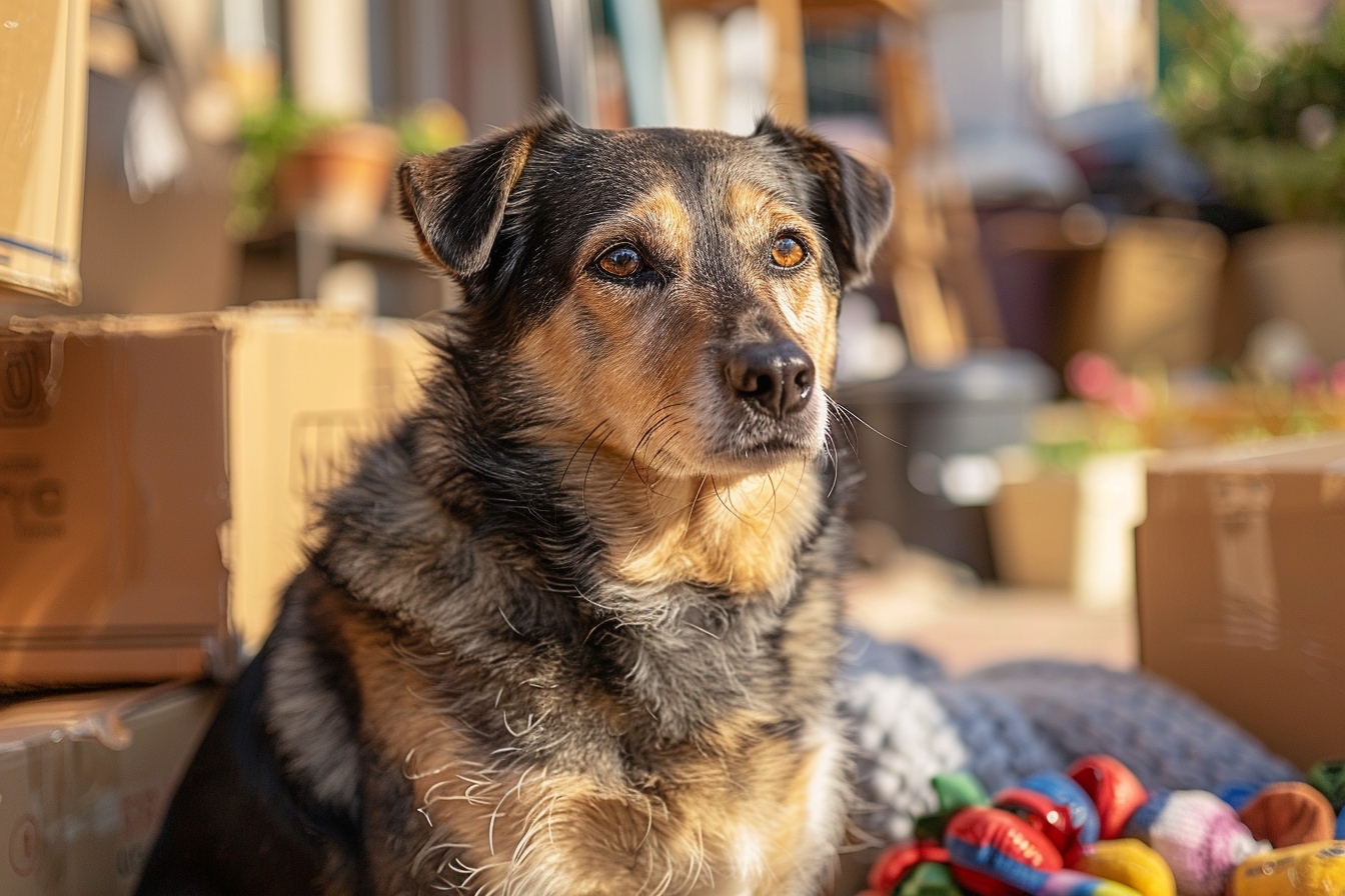 Vieux chien en pleine santé tenant dans sa gueule un jouet déménageant avec ses propriétaires à Mérignac pour un déménagement harmonieux